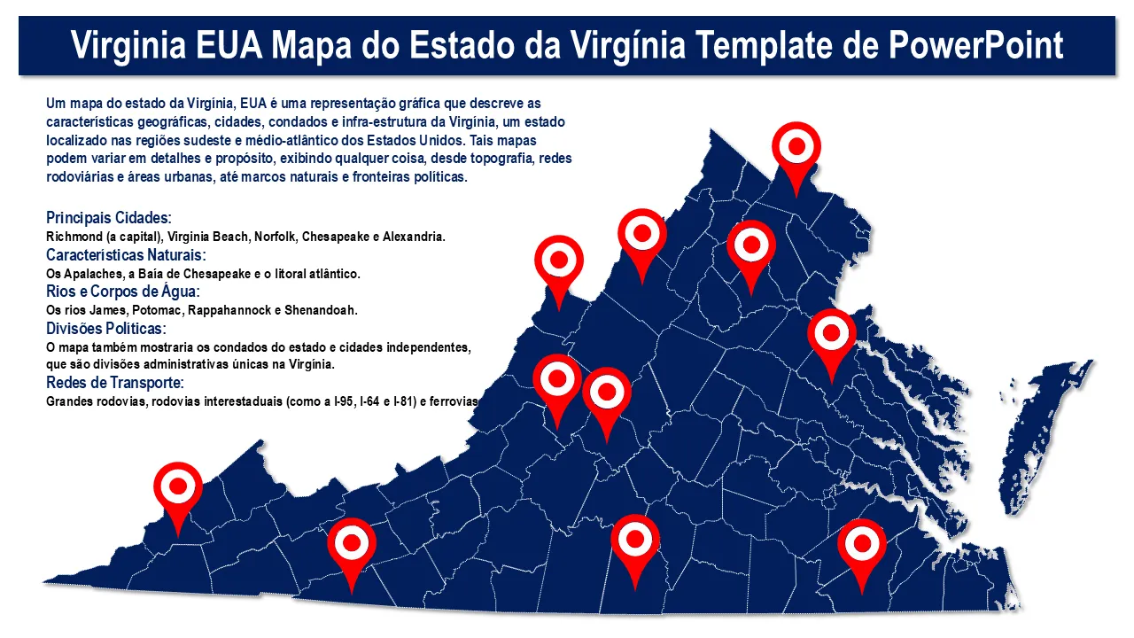 Modelo de PowerPoint do mapa do estado da Virgínia para apresentações de negócios