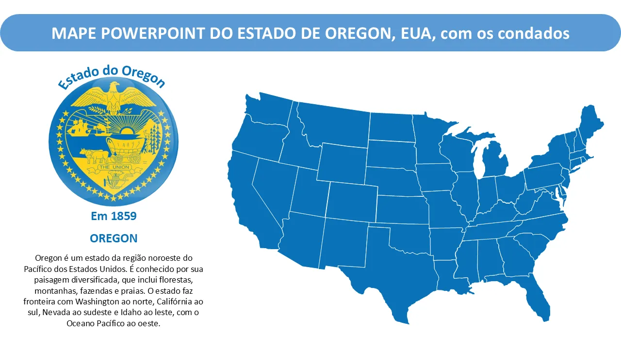 Modelo de PowerPoint do mapa do PowerPoint do estado de Oregon, EUA, com condados para apresentações profissionais