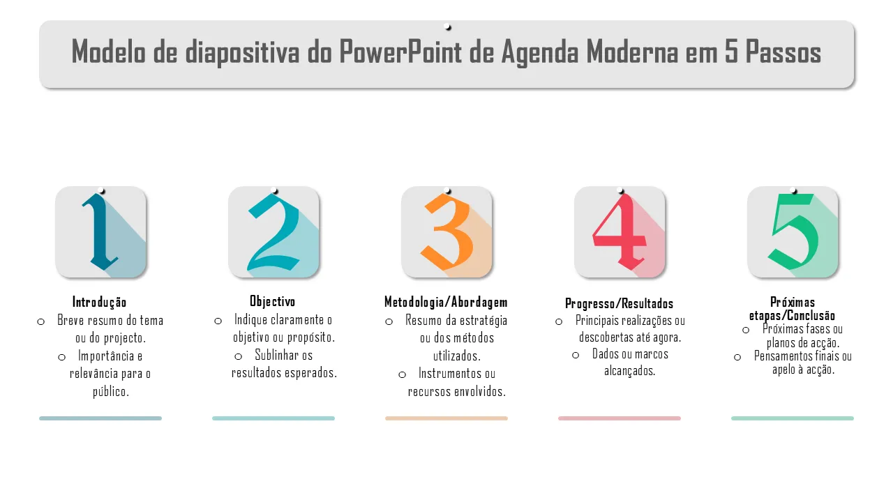 Modelo de slide de PowerPoint de agenda moderna de 5 etapas para apresentações de negócios
